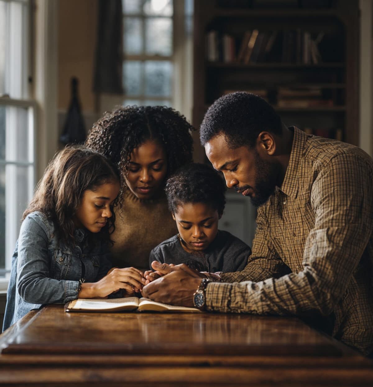 Family praying around a table