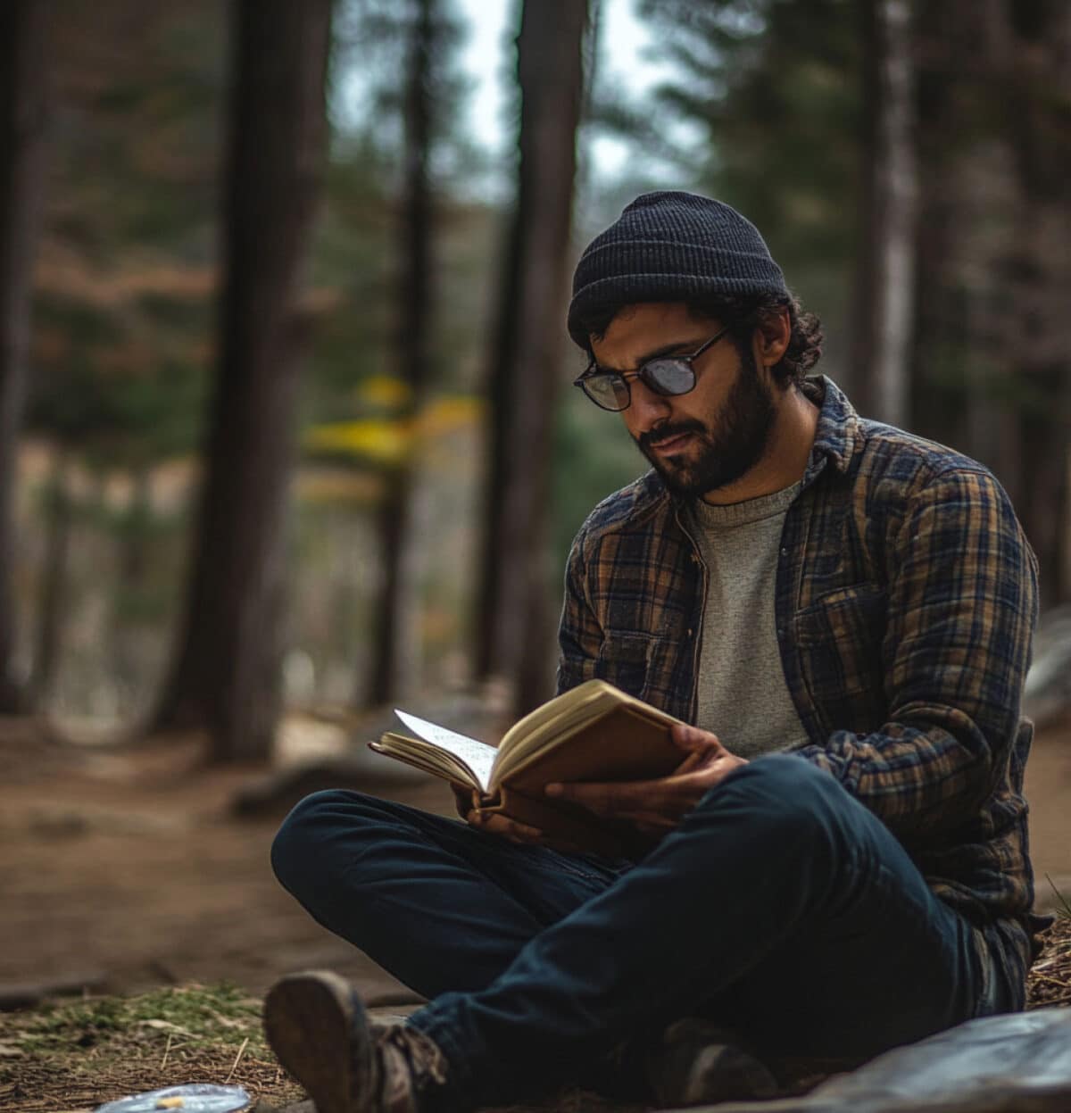 Father reading a book in the woods