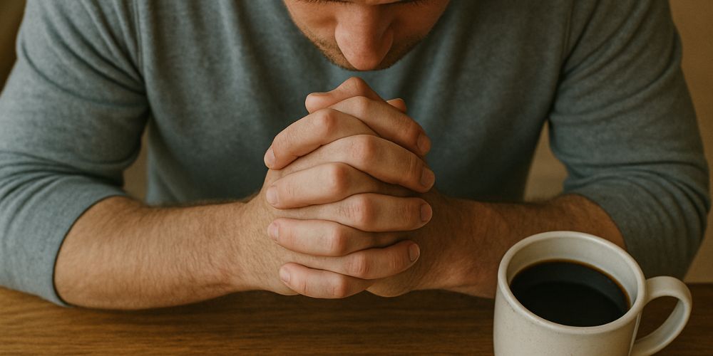 A man praying at a table with a cup of coffee nearby.