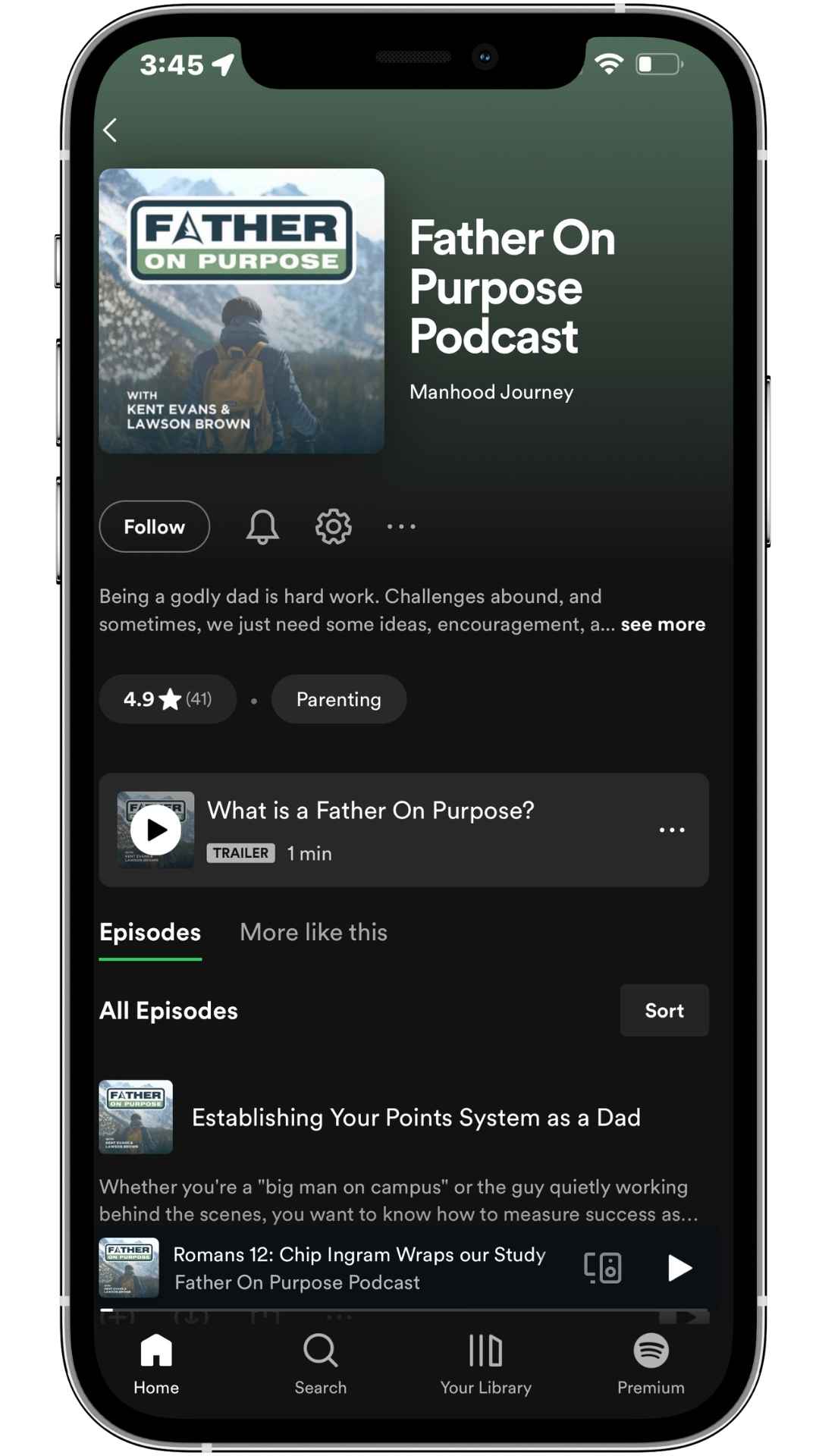 Manhood Journey Father on Purpose podcast displayed on a smartphone mockup, showcasing episodes that help dads overcome anger